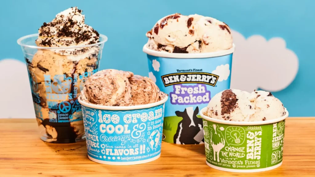 four cups of different flavored Ben and Jerry's ice cream